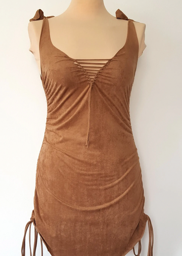 Suede Brown Mini Dress, Boho Dress