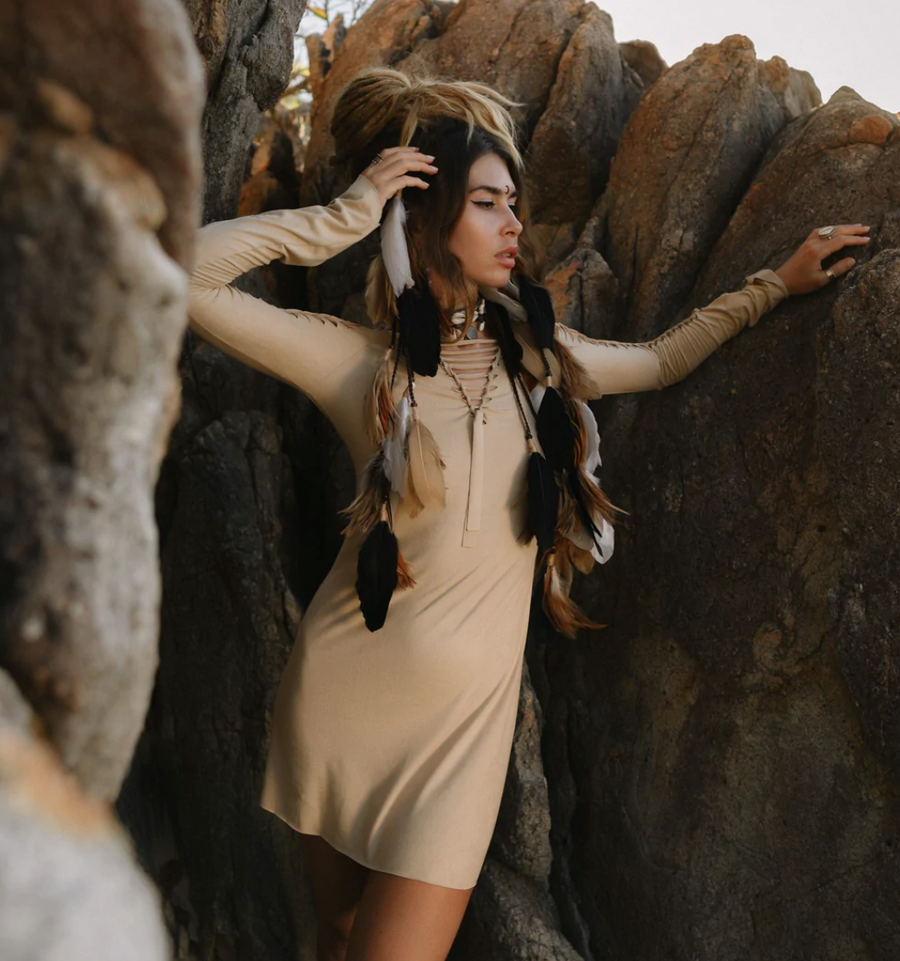 Long Sleeve Suede Light Beige Mini Dress, Pixie Dress