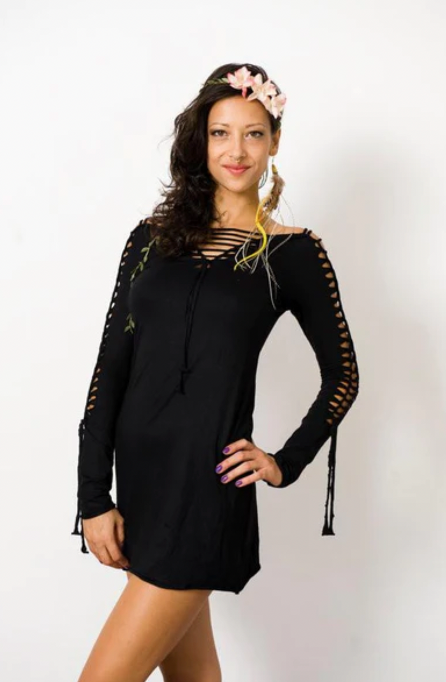 Long Sleeve Black Mini Dress, Pixie Dress