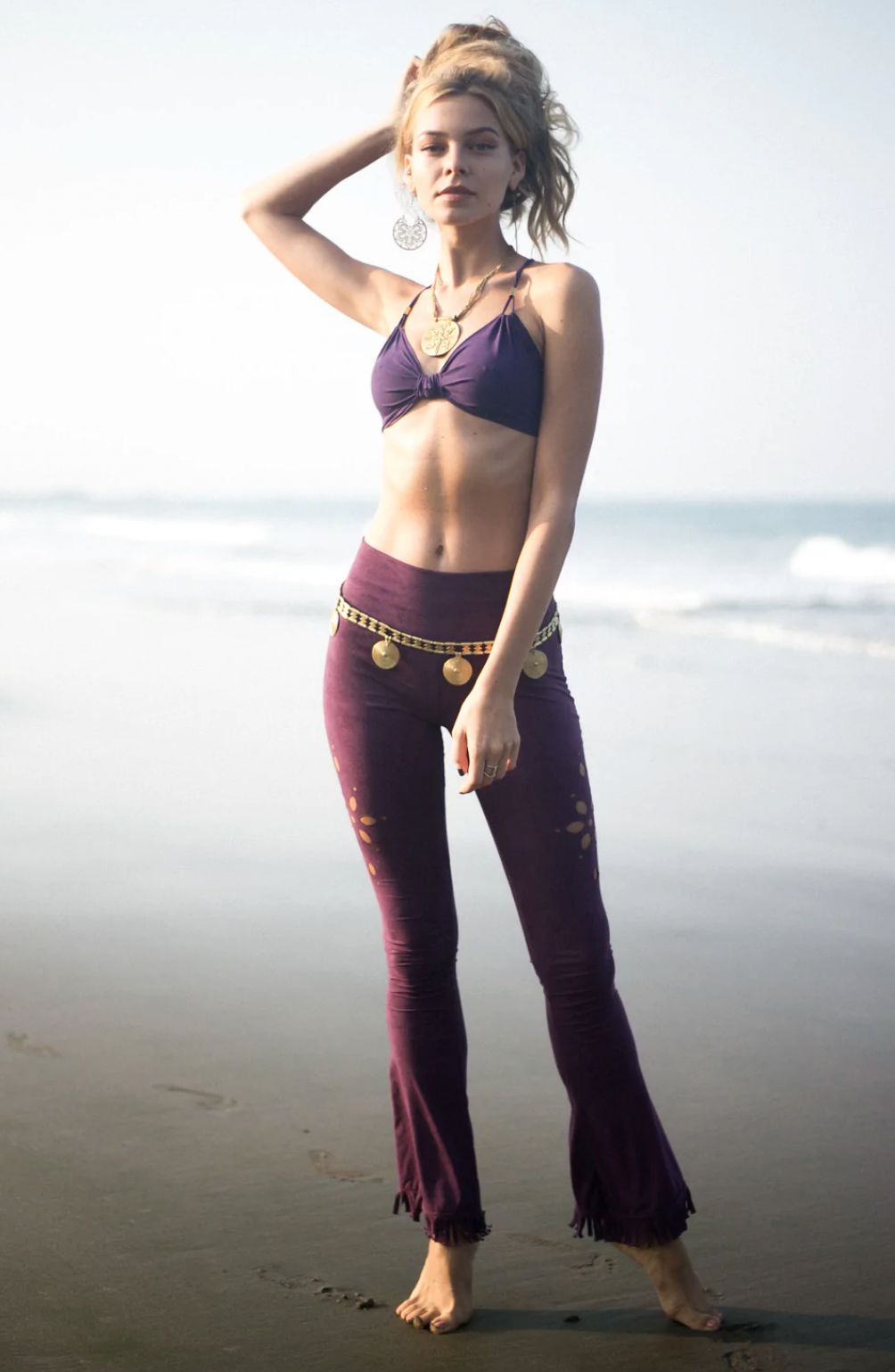 Flare Fringe Pants For Women In Suede Purple with Floral Cutouts