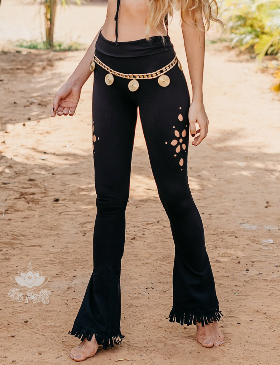 Flare Fringe Pants For Women In Black with Floral Cutouts