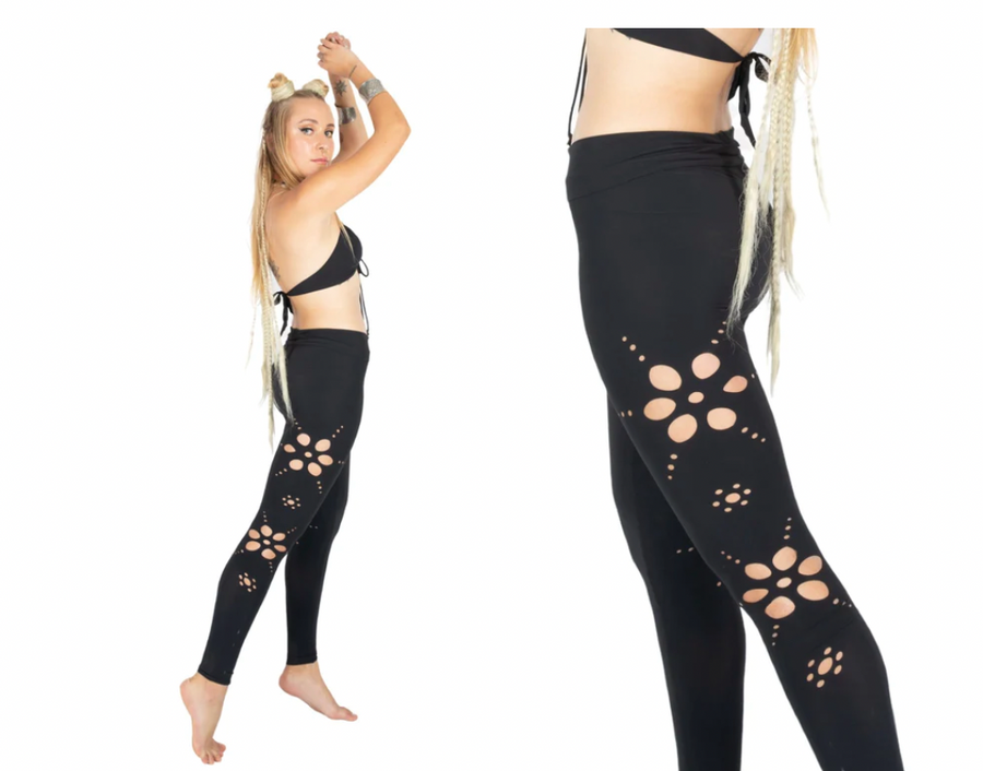 Yoga Leggings For Women In Black with Floral Cutouts