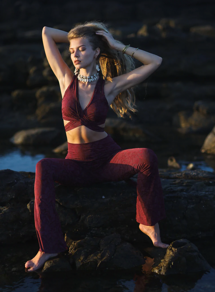 Tie Crop Top In Printed Bordeaux, Sexy Yoga Cloths