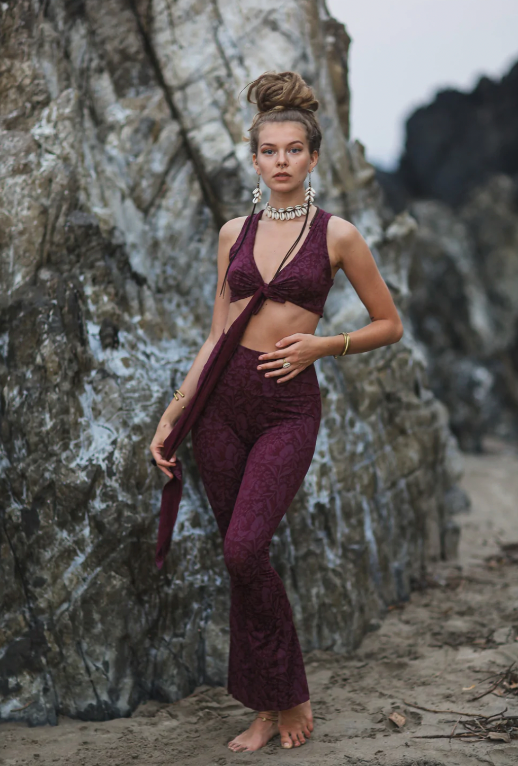 Tie Crop Top In Printed Bordeaux, Sexy Yoga Cloths