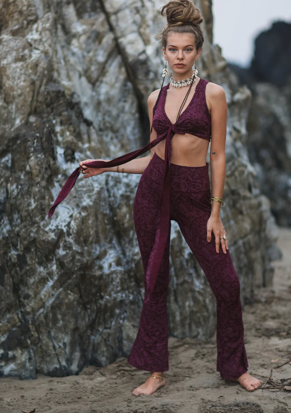 Tie Crop Top In Printed Bordeaux, Sexy Yoga Cloths
