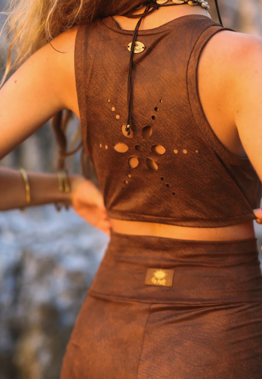 Tie Crop Top In Suede Printed Brown, Sexy Yoga Cloths