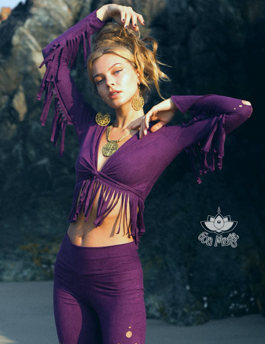 Long Sleeve Fringe Tank Top in Suede Dark Purple