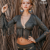 Long Sleeve Fringe Tank Top in Suede Olive Green