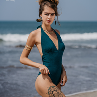 Teal Halter Neck One Piece Swimsuit For Women "ADI" (Lycra Fabric)