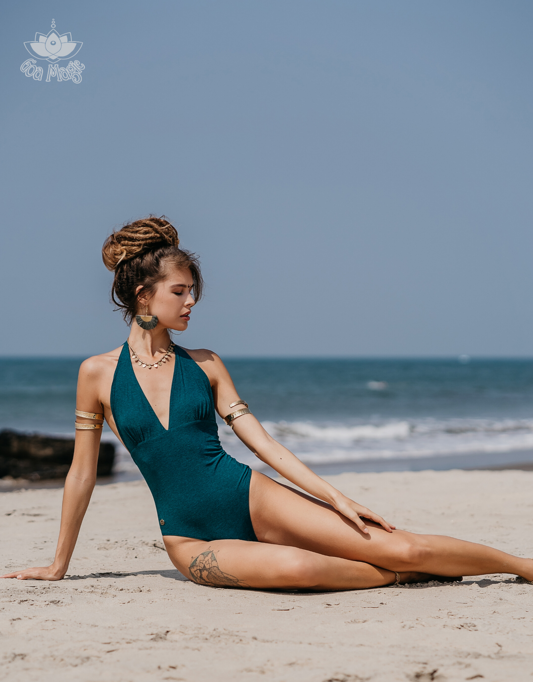 Teal Halter Neck One Piece Swimsuit For Women "ADI" (Lycra Fabric)