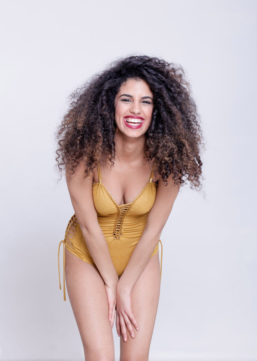 Suede Look Mustard One Piece Swimsuit For Women "SIDE"